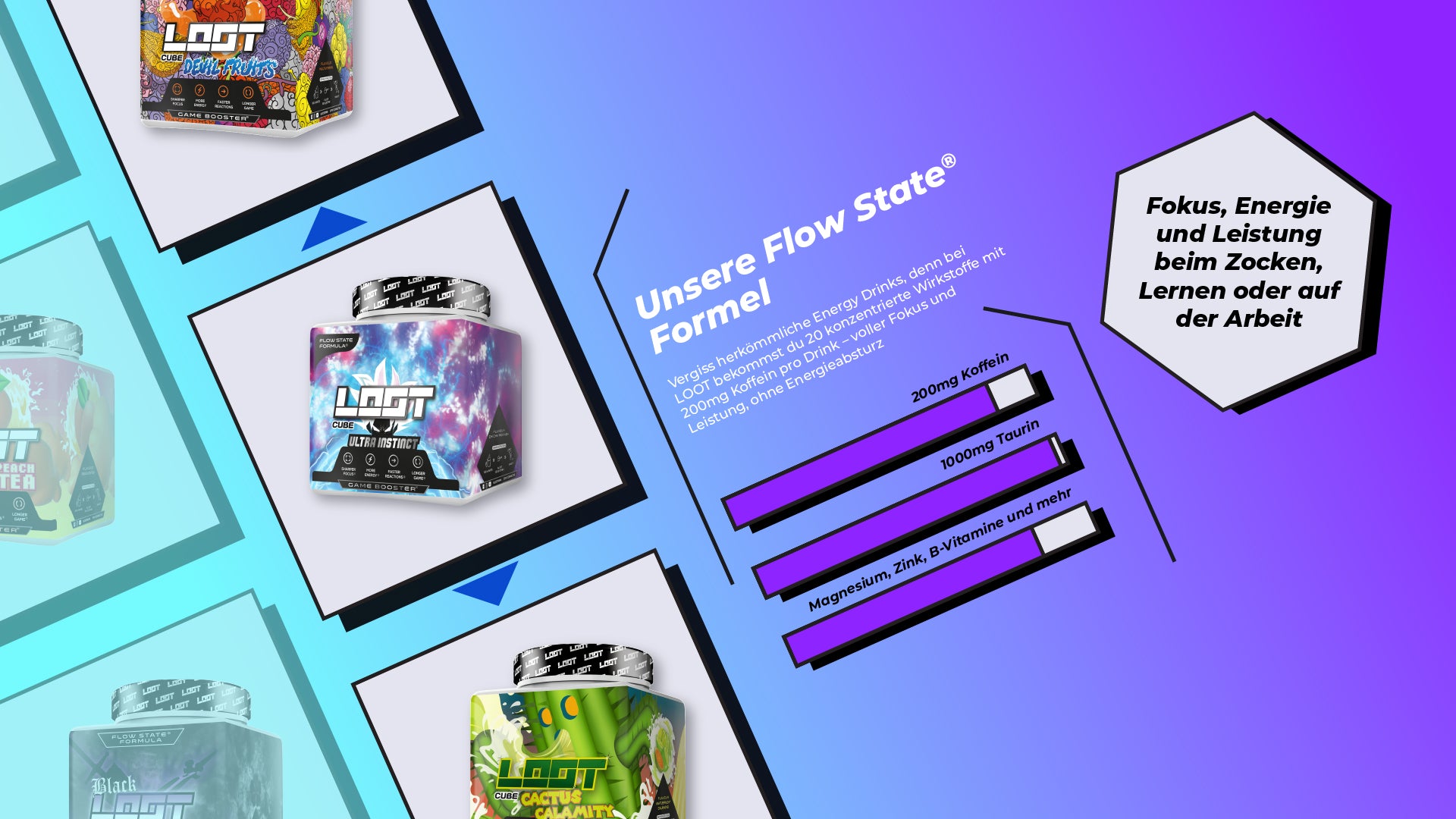 LOOT Unsere Flow State Formel. Vergiss herkömmliche Energy Drinks, denn bei LOOT bekommst du 20 konzentrierte Wirkstoffe mit 200mg Koffein pro Drink – voller Fokus und Leistung, ohne Energieabsturz. Fokus, Energie und Leistung beim Zocken, Lernen oder auf der Arbeit. 200g Koffein, 1000mg Taurin, Magnesium, Vitamine und mehr