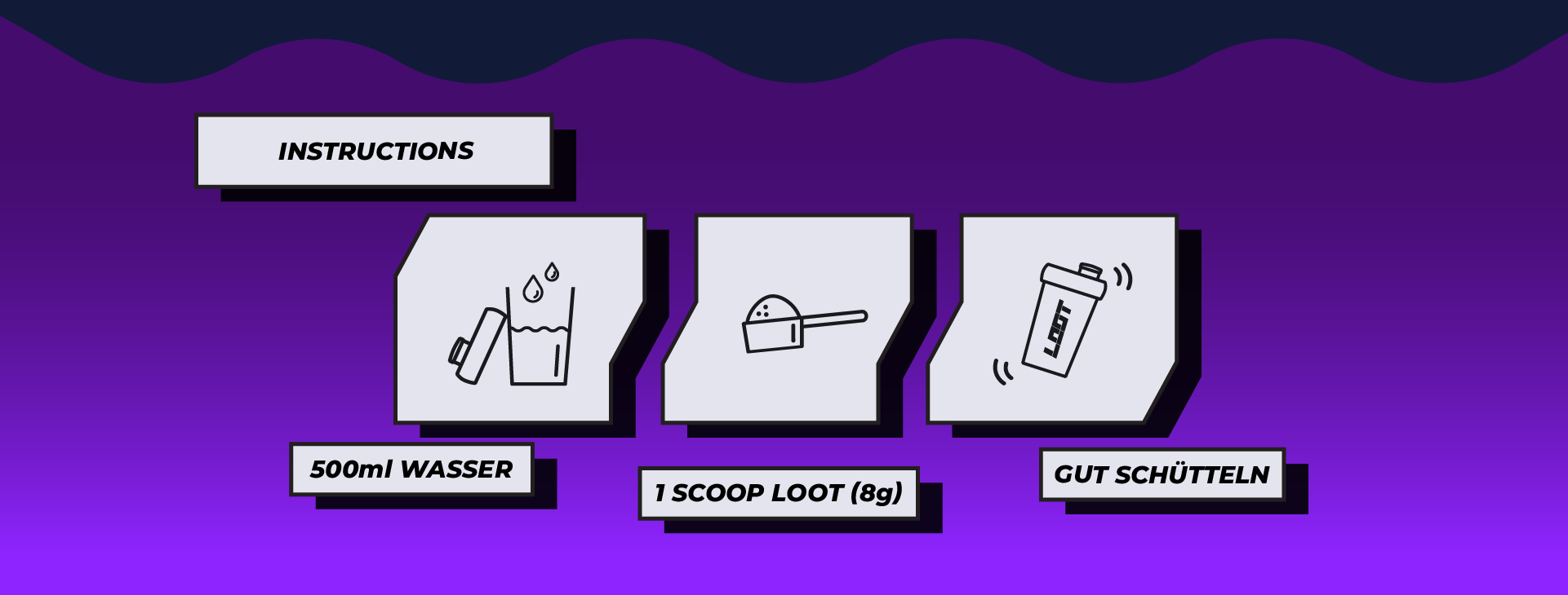 LOOT Desktop Instructions Anleitung How to. 500ml Wasser, 1 Scoop 8g, gut schütteln