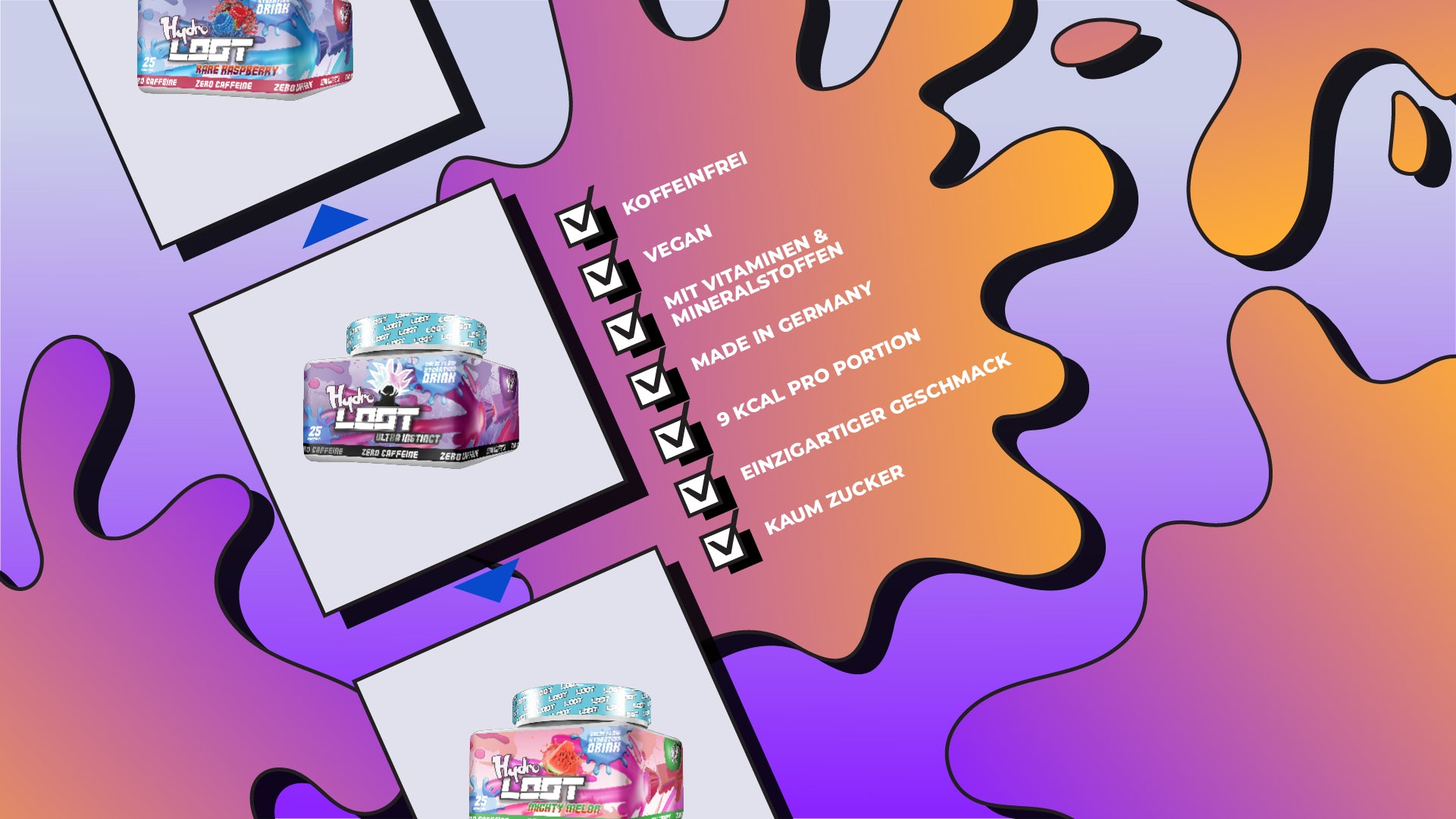 LOOT Hydro Desktop Banner - koffeinfrei, vegan, mit Vitaminen & Mineralstoffen, made in Germany, 9 Kcal pro Portion, einzigartiger Geschmack, kaum Zucker