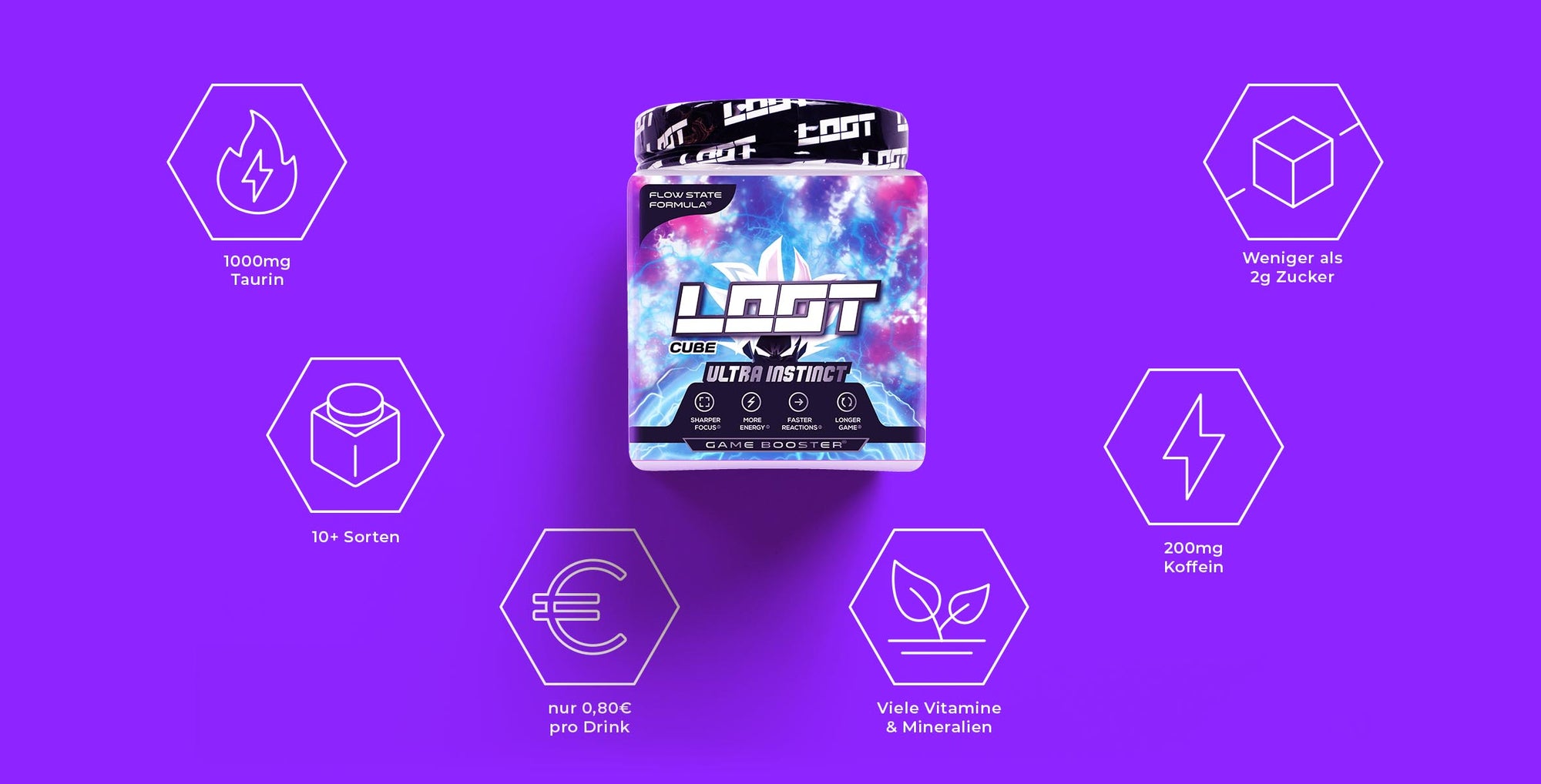 LOOT USPs Banner Ultra Instinct Cube, 1000mg Taurin, 10 und mehr Sorten, nur 0,80€ pro Drink, viele Vitamine & Mineralien, 200mg Koffein, weniger als 2g Zucker