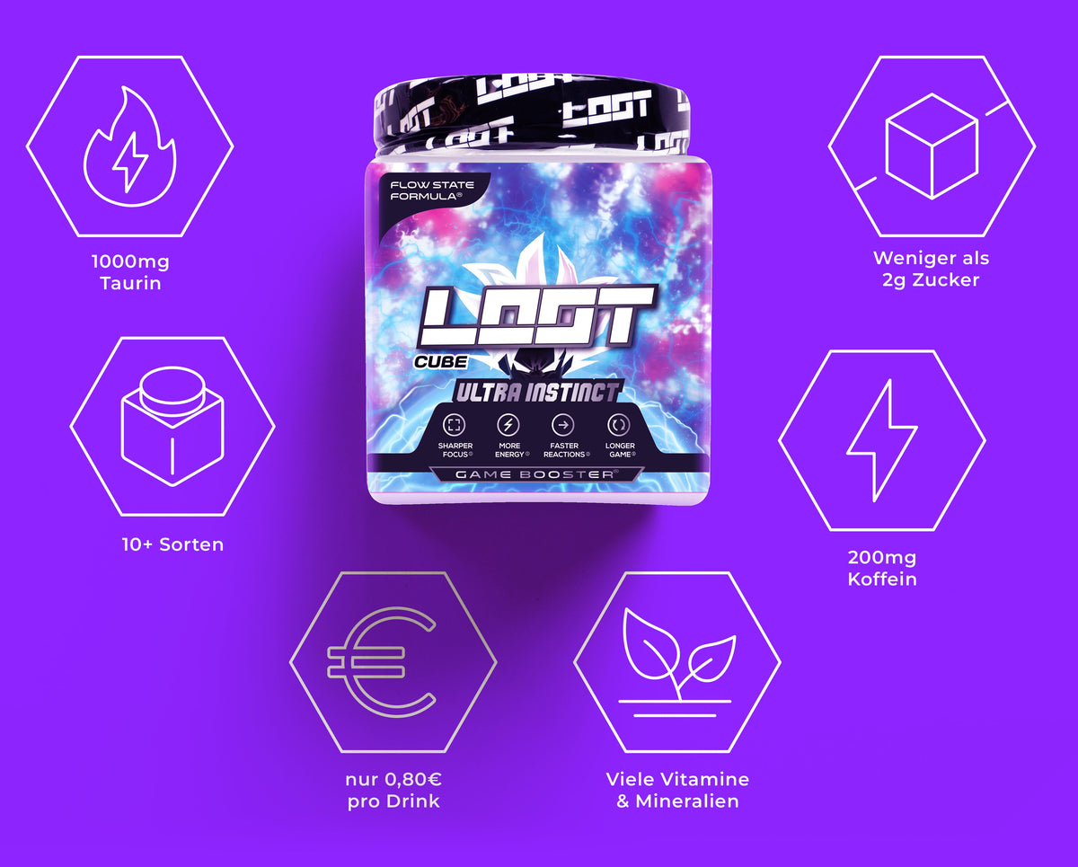 LOOT Cube – 1000mg Taurin, 10+ Sorten, nur 0,80€ pro Drink, viele Vitamine und Mineralien, 200mg Koffein, weniger als 2g Zucker