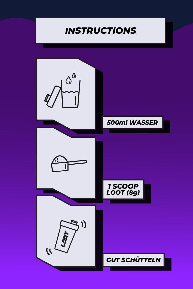 LOOT Mobile Instructions Anleitung How to. 500ml Wasser, 1 Scoop 8g, gut schütteln